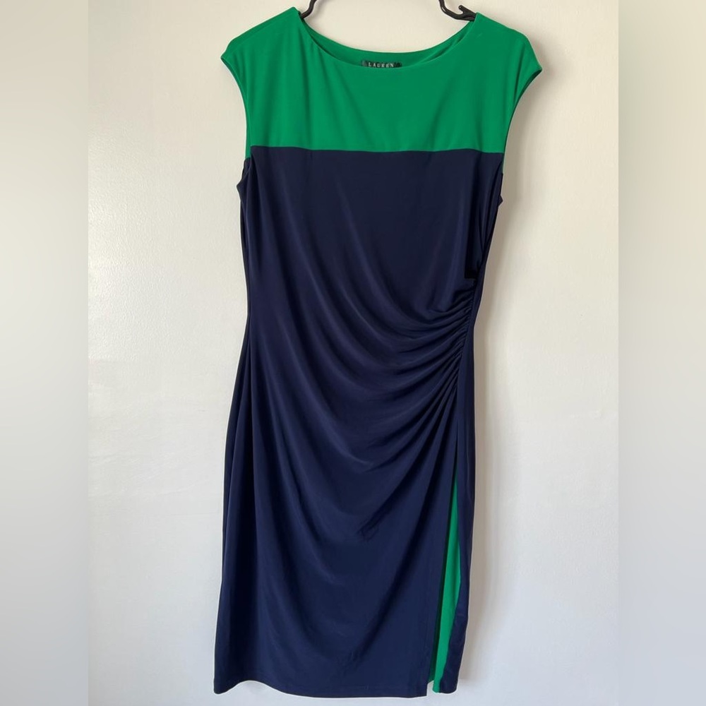 Ralph Lauren Two-Tone Green and Navy Midi Dress